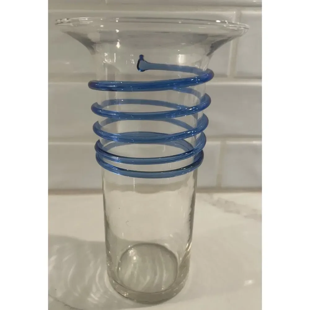 Vintage vase Applied Blue Swirl‎ on Clear Glass Vase 8.75” Art Glass